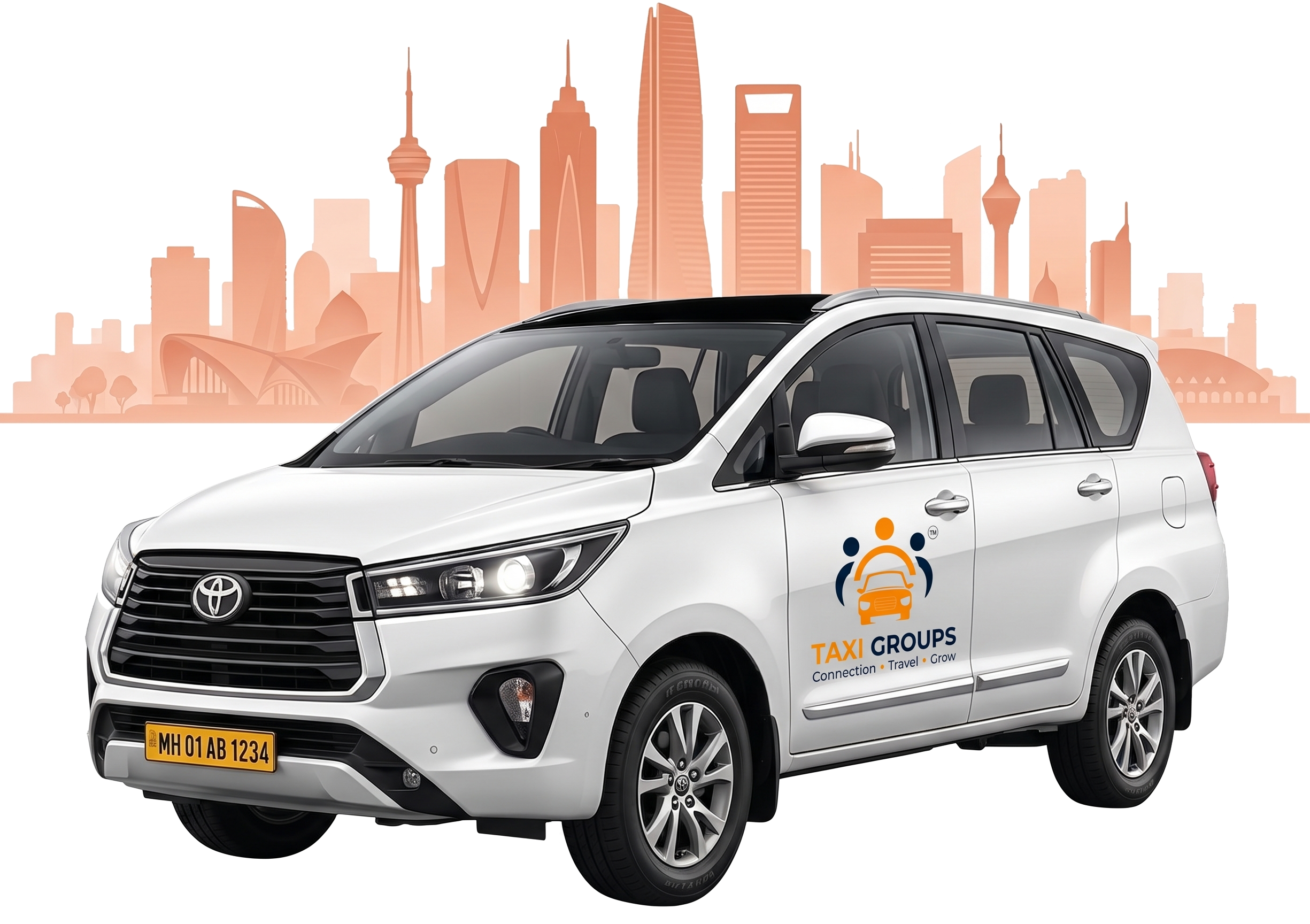 Taxi Groups Toyota Innova Crysta taxi in front of a city skyline